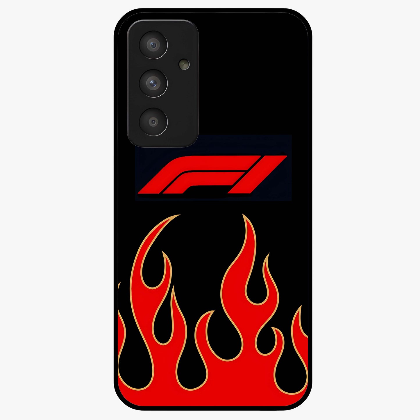 Fire F11 Glass Case showing flat back view with fiery themed artwork and glossy glass finish.