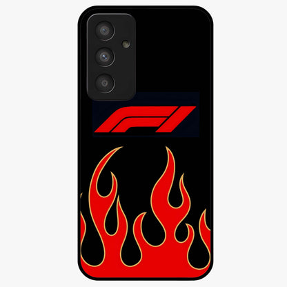 Fire F11 Glass Case showing flat back view with fiery themed artwork and glossy glass finish.