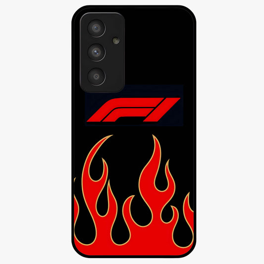 Fire F11 Glass Case showing flat back view with fiery themed artwork and glossy glass finish.