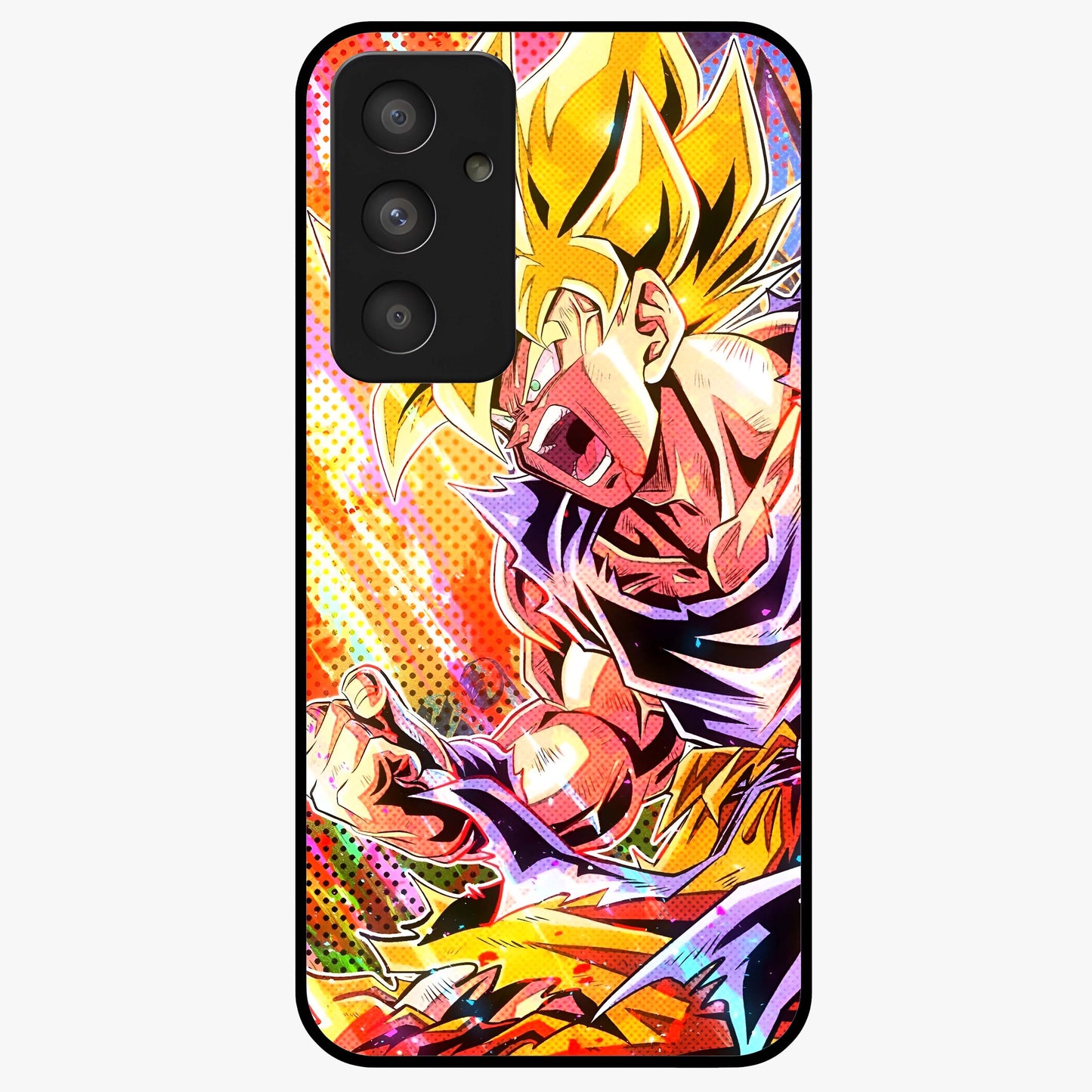 Firing Goku Glass Case showing flat back view with powerful anime inspired artwork and glossy glass finish.