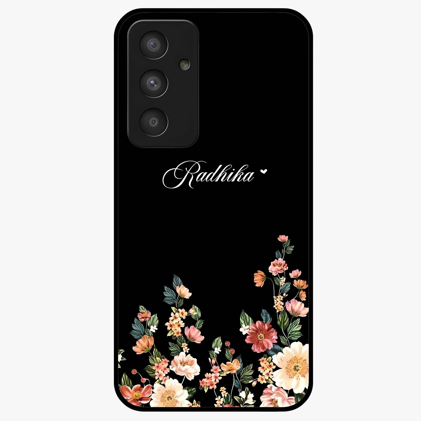 Floral Design With a Custom Personalized Name Glass Case showing flat back view with floral artwork and personalized name design.