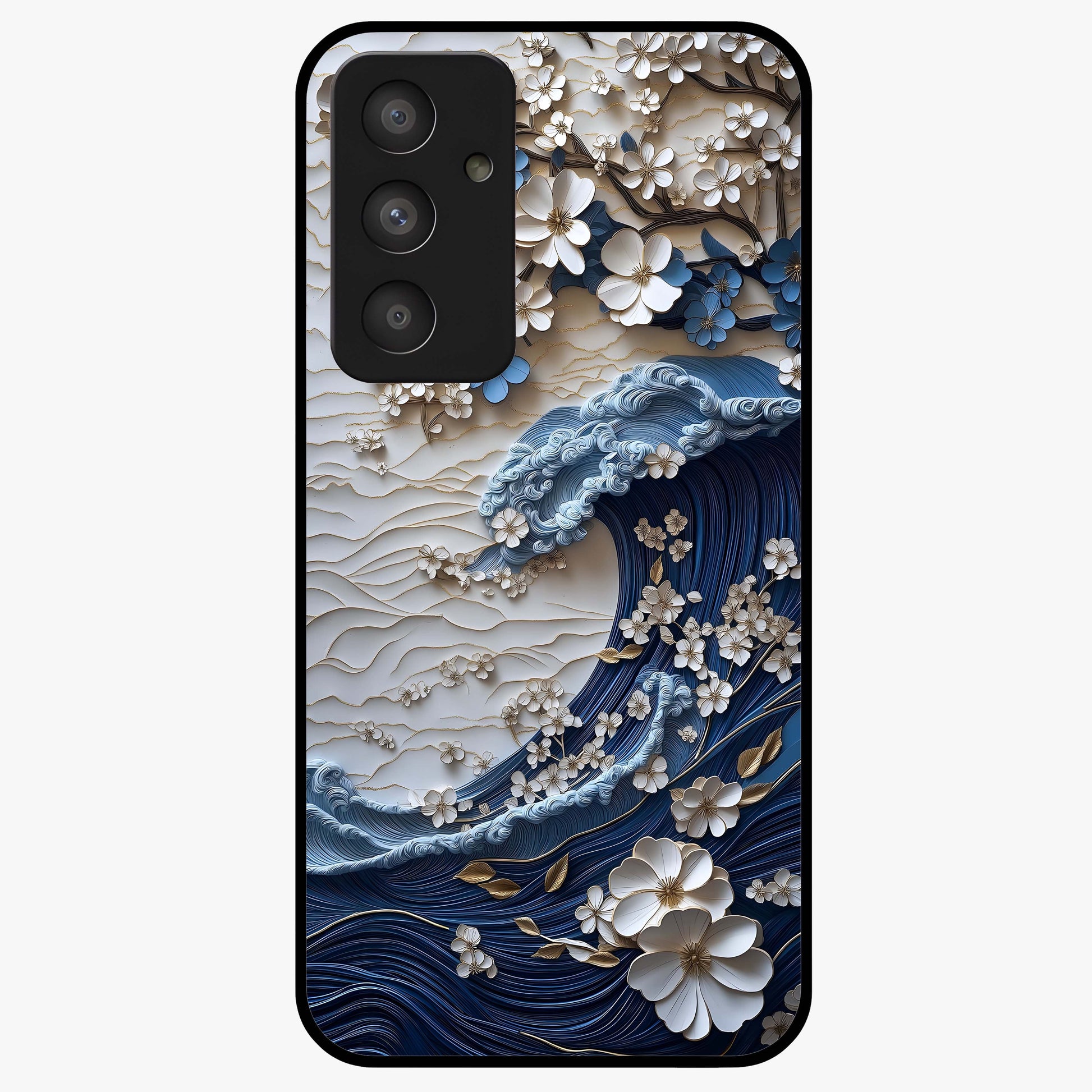 Floral Wave Origami Glass Case showing flat back view with origami inspired floral wave artwork and glossy glass finish.