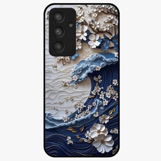 Floral Wave Origami Glass Case showing flat back view with origami inspired floral wave artwork and glossy glass finish.