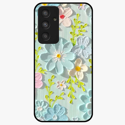 Frosted Petal Garden Glass Case showing flat back view with soft frosted floral artwork and glossy glass finish.