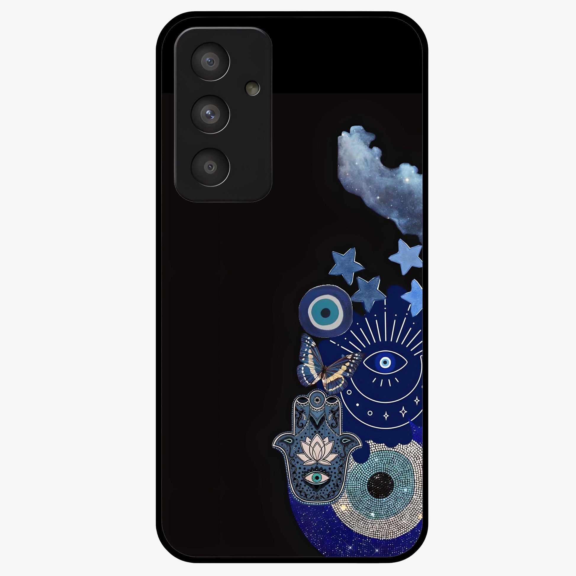 Galactic Charm Cluster Glass Case showing flat back view with glowing celestial charm artwork and glossy glass finish.