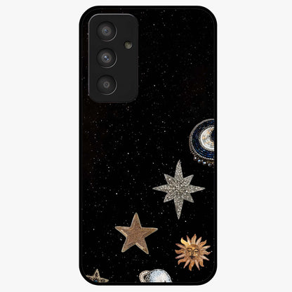 Galactic Charm Glow Glass Case showing flat back view with glowing celestial charm artwork and glossy glass finish.