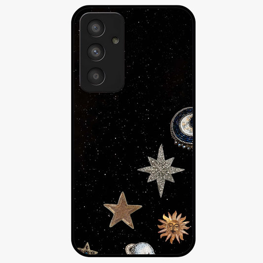 Galactic Charm Glow Glass Case showing flat back view with glowing celestial charm artwork and glossy glass finish.
