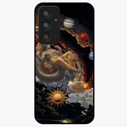 Galactic Divine God Glass Case showing flat back view with divine cosmic themed artwork and glossy glass finish.