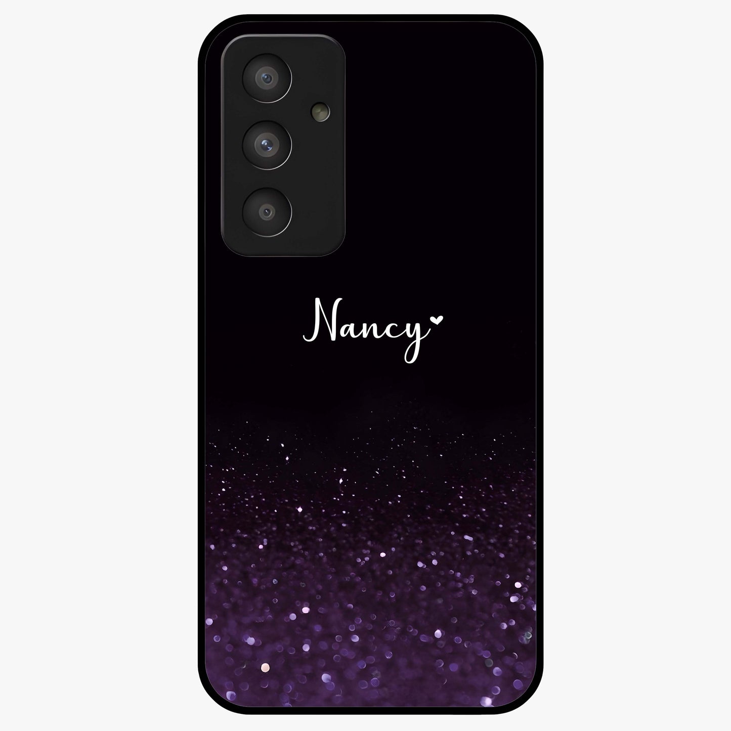 Glittery Purple Bokeh Custom Name Glass Case showing flat back view with purple bokeh sparkle artwork and personalized name design.