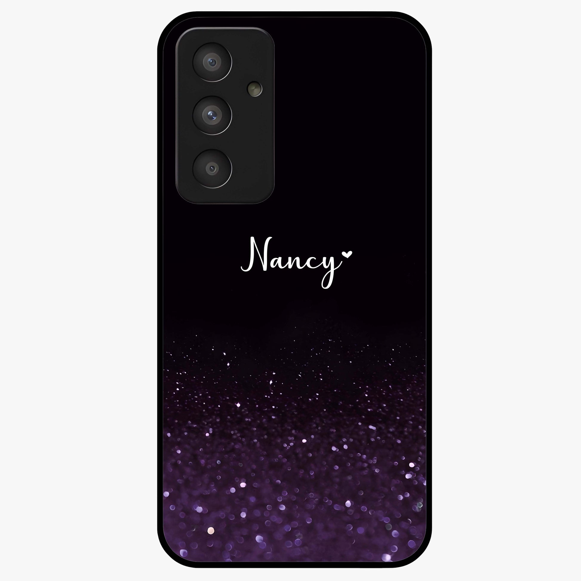 Glittery Purple Bokeh Custom Name Glass Case showing flat back view with purple bokeh sparkle artwork and personalized name design.