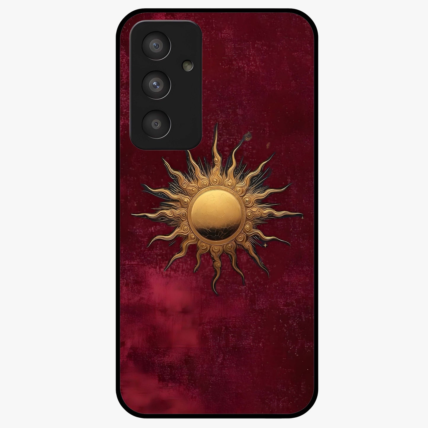 Gold Sun Blush Glass Case showing flat back view with golden sun inspired artwork and glossy glass finish.