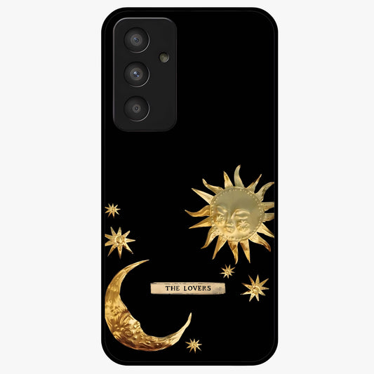 Golden Celestial Charm Glass Case showing flat back view with golden celestial charm artwork and glossy glass finish.