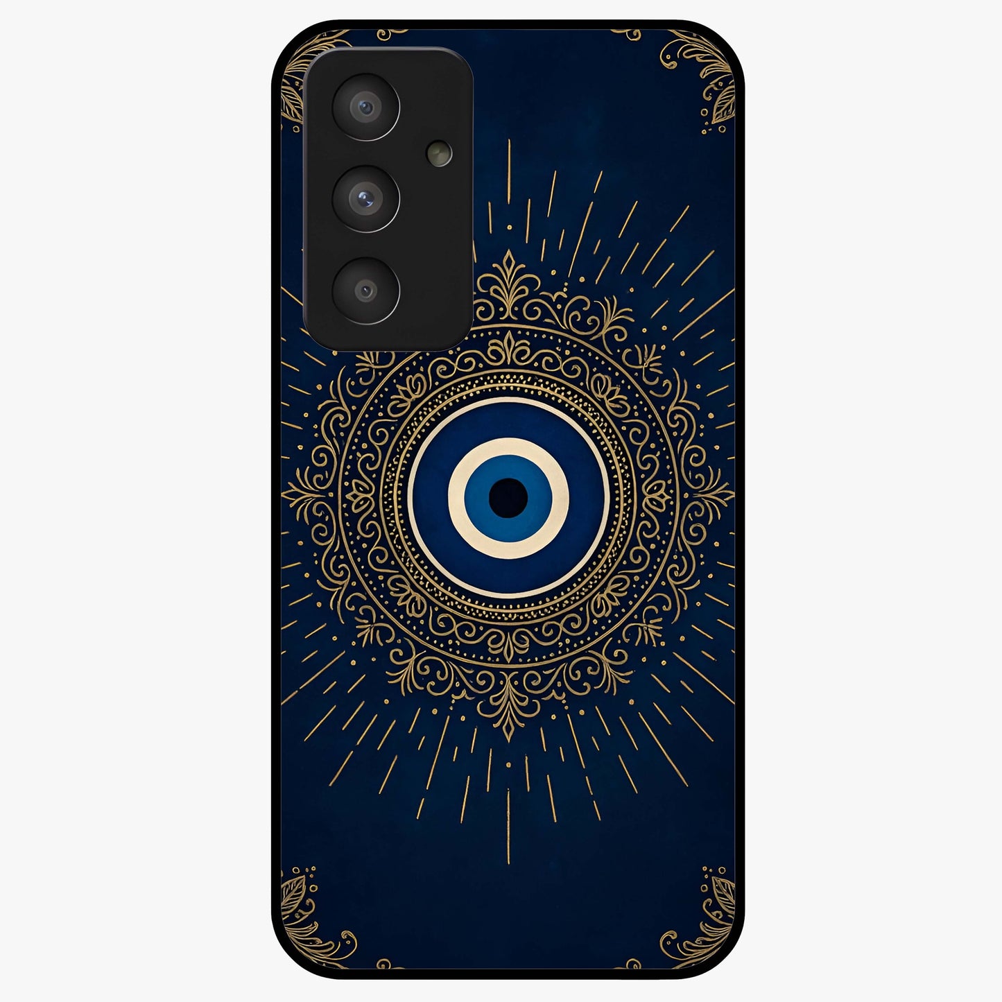 Golden Evil Eye Mandala Glass Case showing flat back view with intricate evil eye mandala artwork and glossy glass finish.