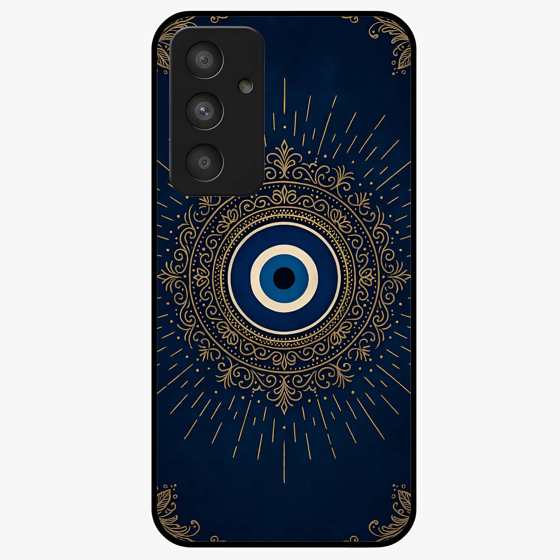 Golden Evil Eye Mandala Glass Case showing flat back view with intricate evil eye mandala artwork and glossy glass finish.