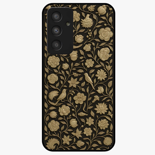 Golden Floral Majesty Glass Case showing flat back view with luxurious golden floral artwork and glossy glass finish.