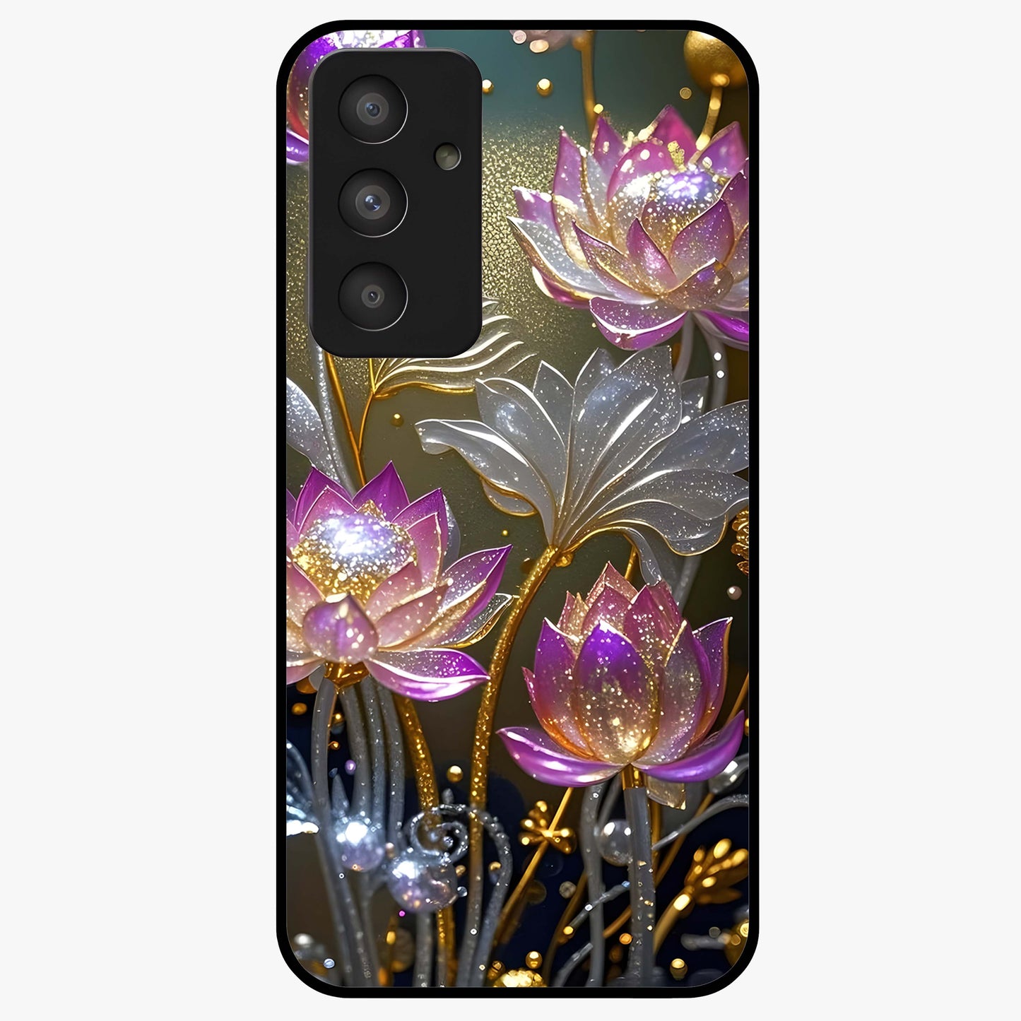 Golden Lotus Glow Glass Case showing flat back view with glowing lotus flower artwork and glossy glass finish.