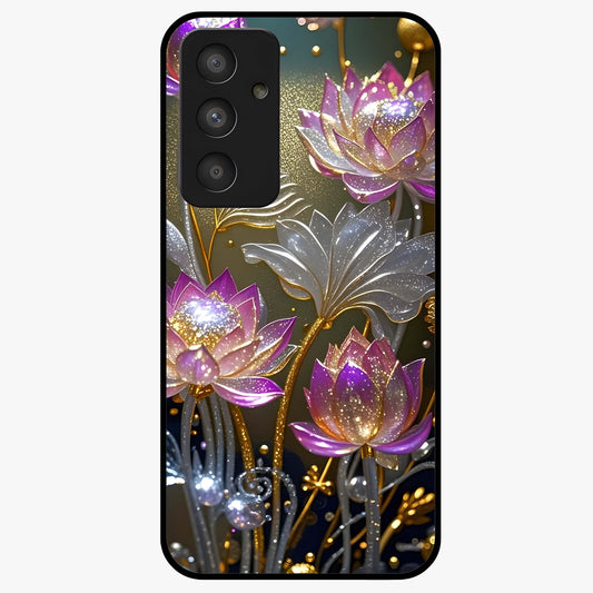 Golden Lotus Glow Glass Case showing flat back view with glowing lotus flower artwork and glossy glass finish.