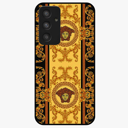 Golden Royal Heritage Glass Case showing flat back view with ornate royal pattern artwork and glossy glass finish.