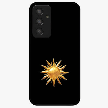 Golden Sun Minimalism Glass Case showing flat back view with minimal golden sun artwork and glossy glass finish.