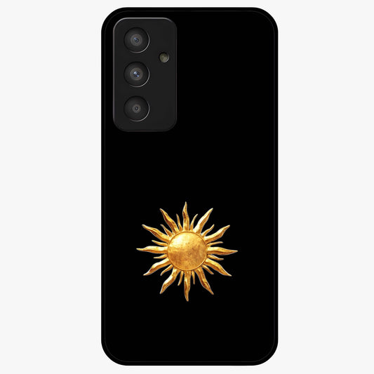 Golden Sun Minimalism Glass Case showing flat back view with minimal golden sun artwork and glossy glass finish.