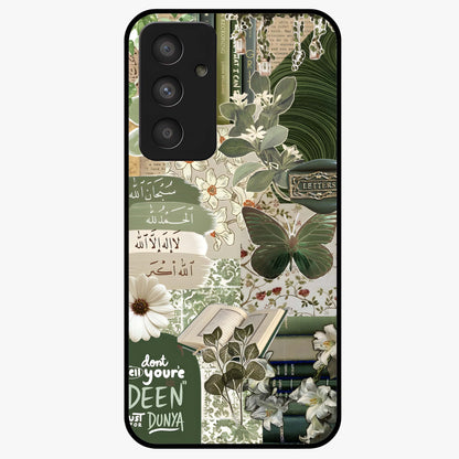 Green Islamic Books Quotes Glass Case showing flat back view with Islamic quotes and book themed artwork and glossy glass finish.