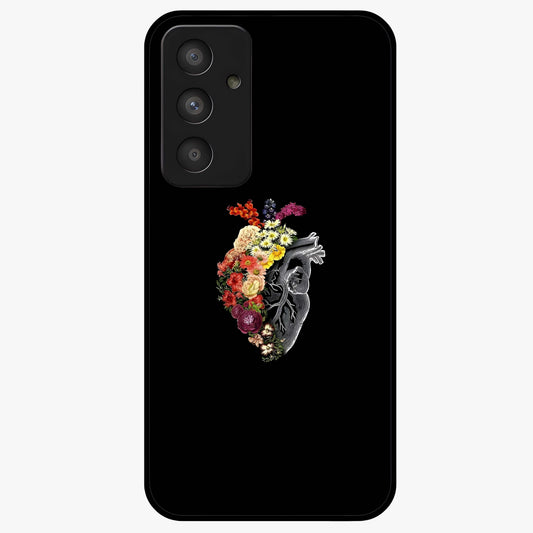 Heart With Flowers Glass Case showing flat back view with heart shaped floral artwork and glossy glass finish.
