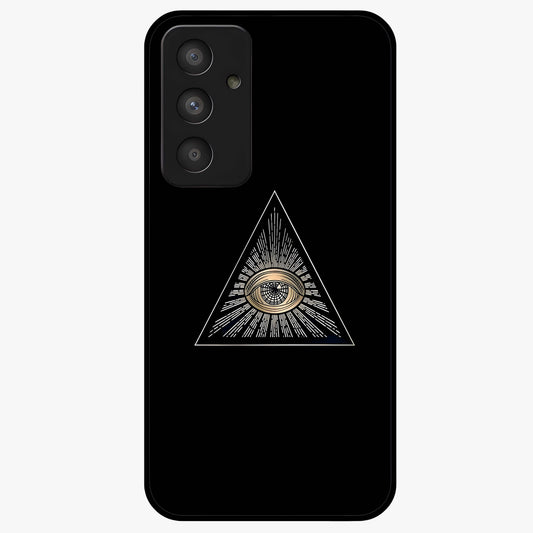 Illuminati Evil Glass Case showing flat back view with mysterious illuminati symbol artwork and glossy glass finish.
