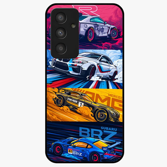 JDM Sports Car Glass Case showing flat back view with high performance sports car artwork and glossy glass finish.