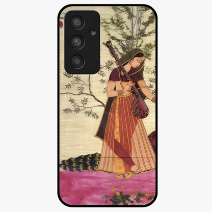 Lady With Veena Art Glass Case showing flat back view with elegant woman playing veena artwork and glossy glass finish.
