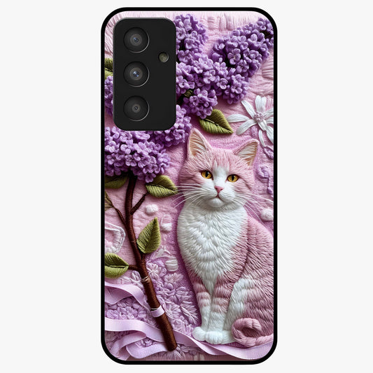 Lavender Cat Whimsy Glass Case showing flat back view with cute lavender cat artwork and glossy glass finish.