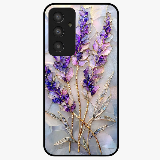 Lavender Dream Glow Glass Case showing flat back view with glowing lavender aesthetic artwork and glossy glass finish.