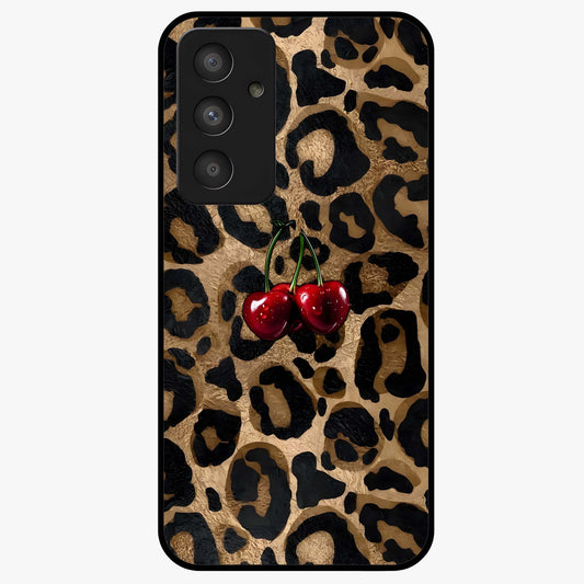 Leopard Wild Cherry Glass Case showing flat back view with leopard pattern and cherry artwork and glossy glass finish.
