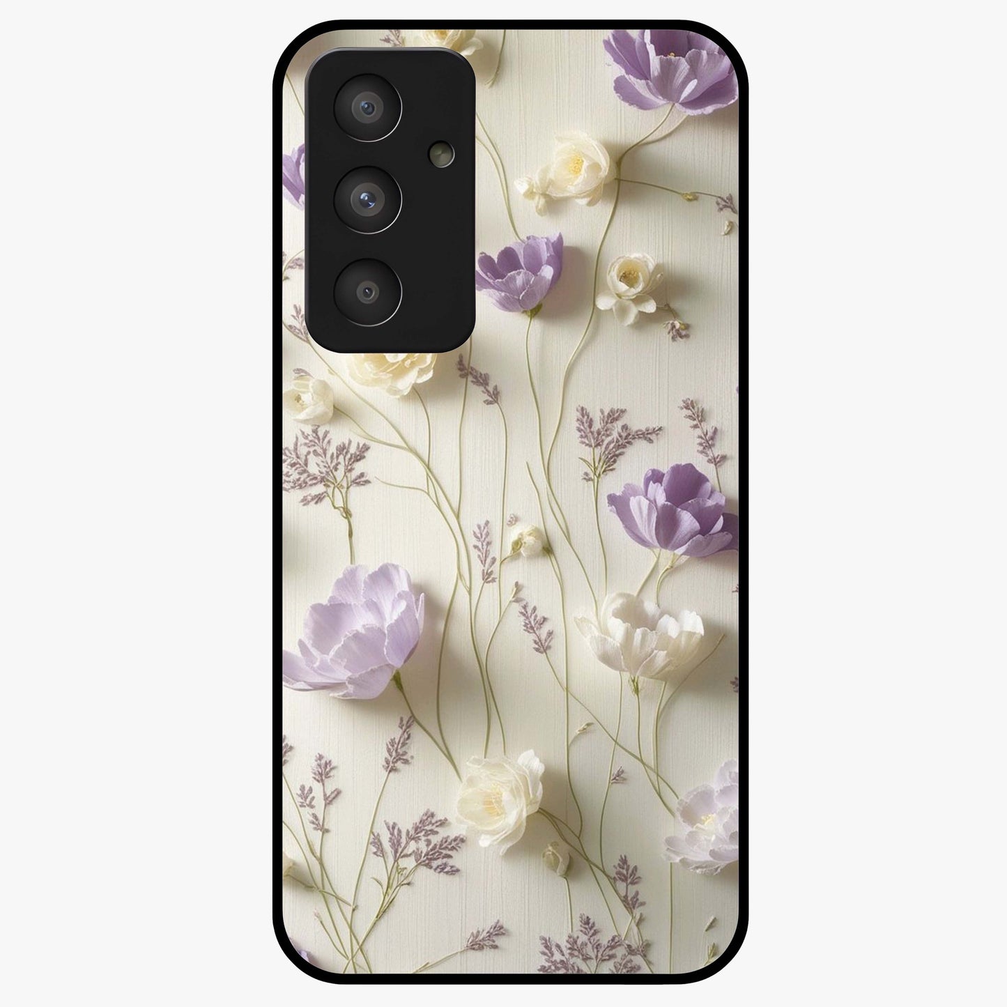 Lilac Breeze Harmony Glass Case showing flat back view with soft lilac themed artwork and glossy glass finish.