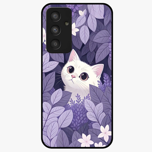 Lilac Hide Peek Cat Glass Case showing flat back view with cute peeking cat artwork and glossy glass finish.