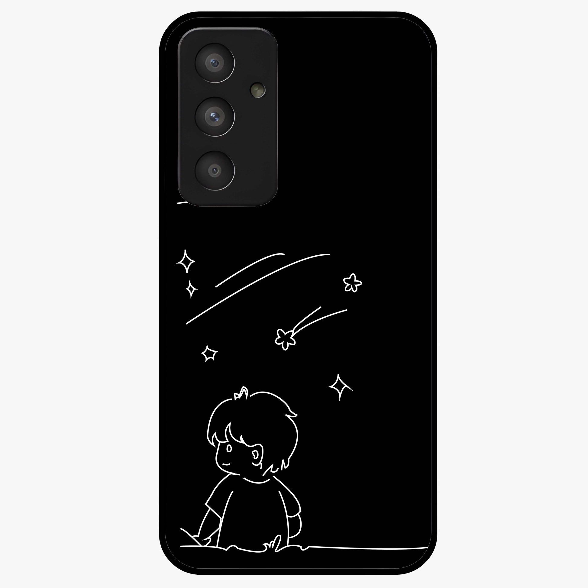 Line Art Boy With Shooting Stars Glass Case showing flat back view with minimal line art boy and shooting stars illustration and glossy glass finish.