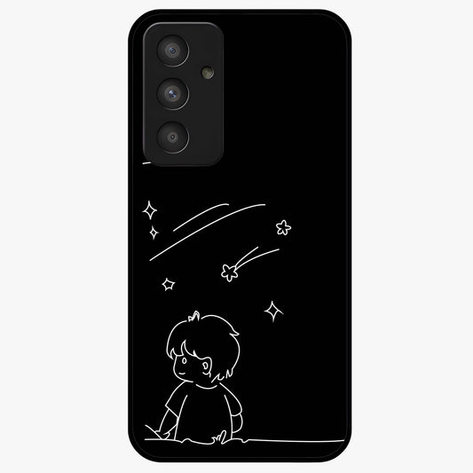 Line Art Boy With Shooting Stars Glass Case showing flat back view with minimal line art boy and shooting stars illustration and glossy glass finish.