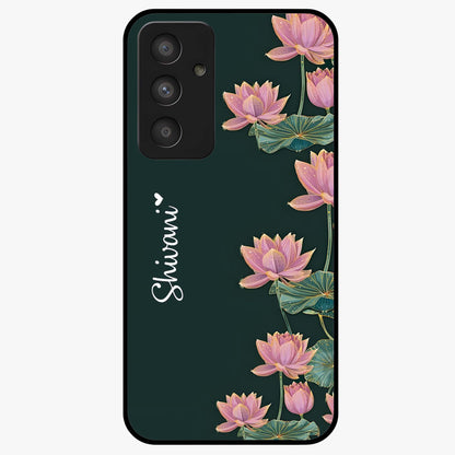 Lotus Bloom Serenity Custom Name Glass Case showing flat back view with elegant lotus flower artwork and personalized name design.