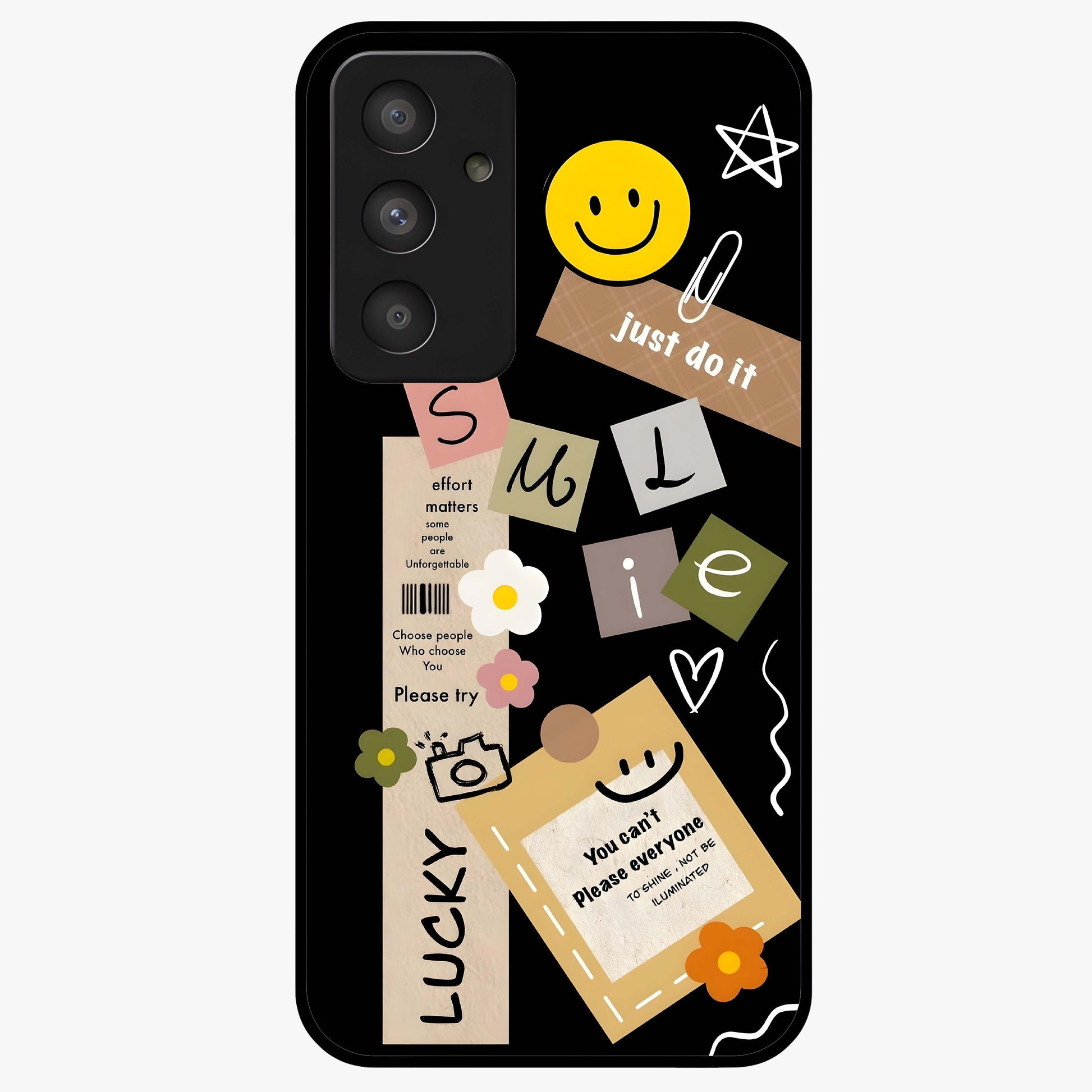 Lucky Aesthetic Collage Glass Case showing flat back view with trendy aesthetic collage artwork and glossy glass finish.