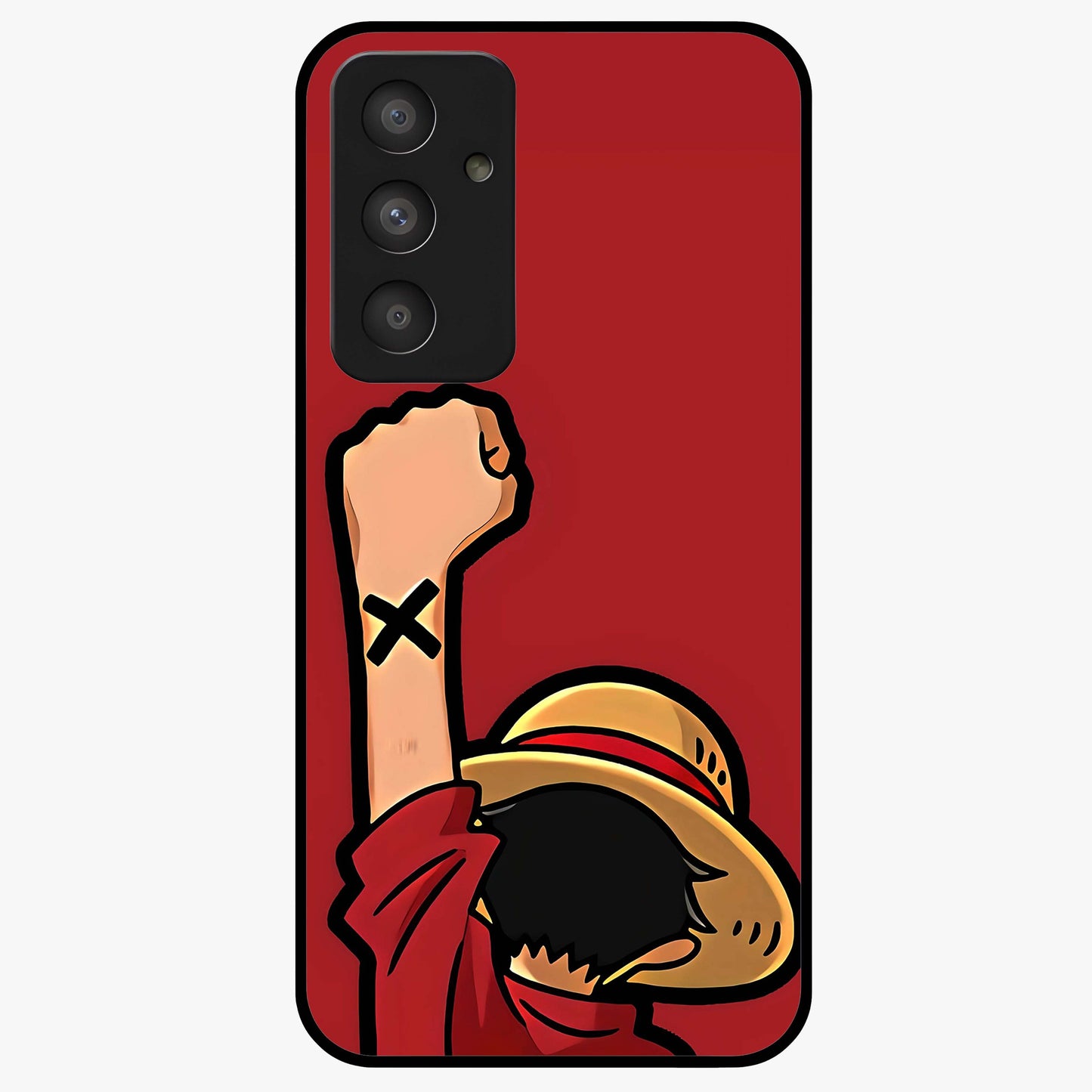 Luffy X Spirit Glass Case showing flat back view with bold anime character artwork and glossy glass finish.