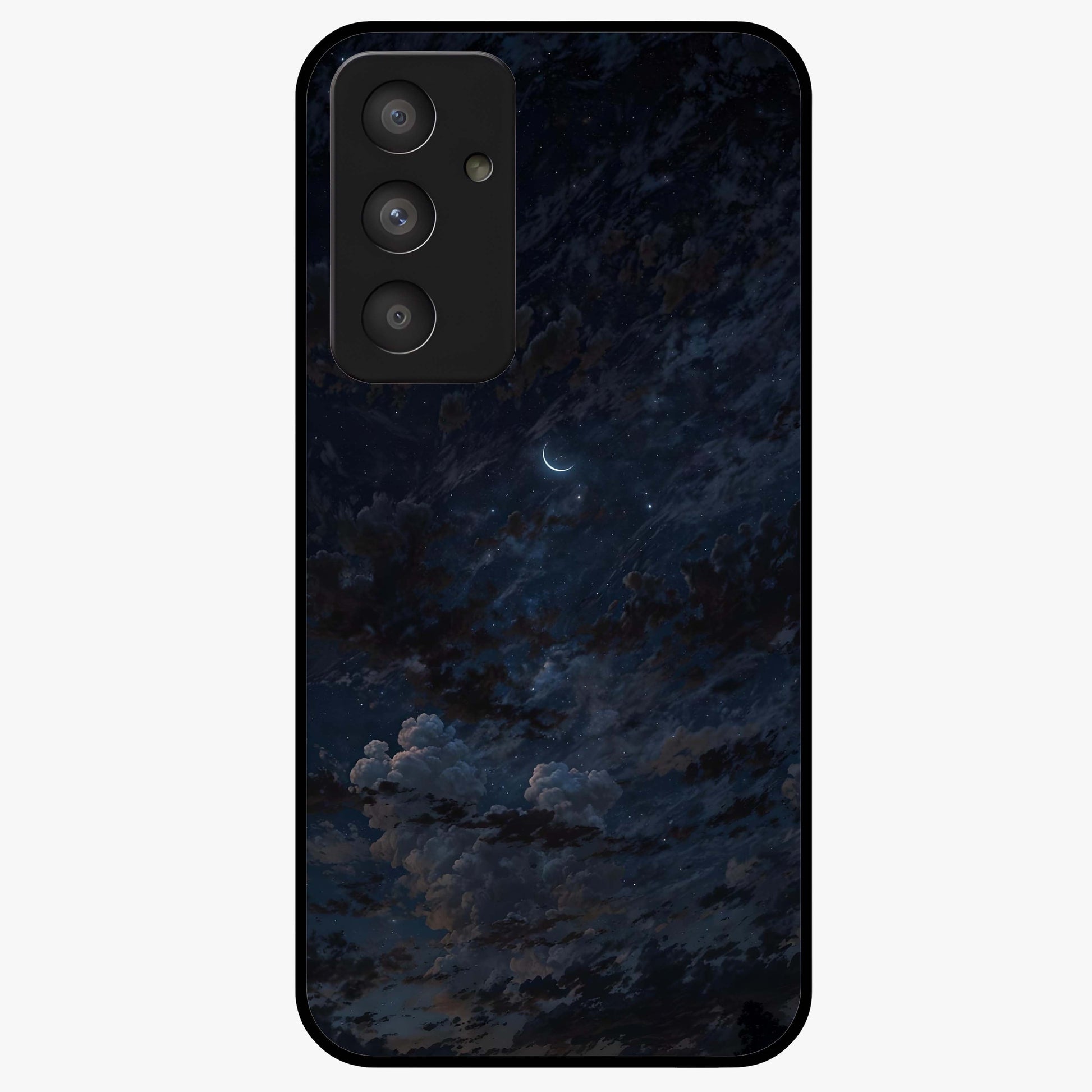 Lunar Veil Silence Glass Case showing flat back view with mystical moon veil artwork and glossy glass finish.