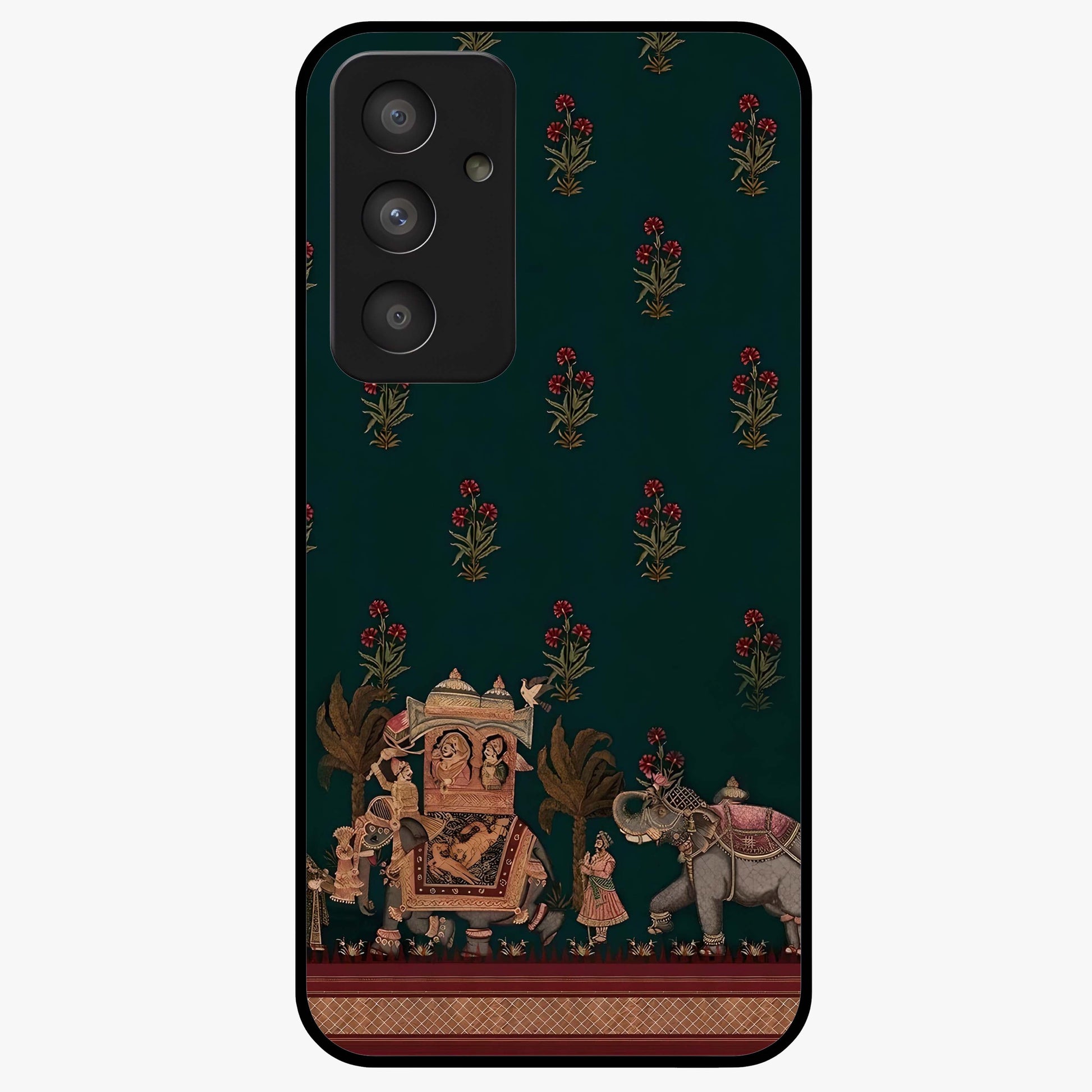 Macmerise Glass Case showing flat back view with stylish modern artwork and glossy glass finish.