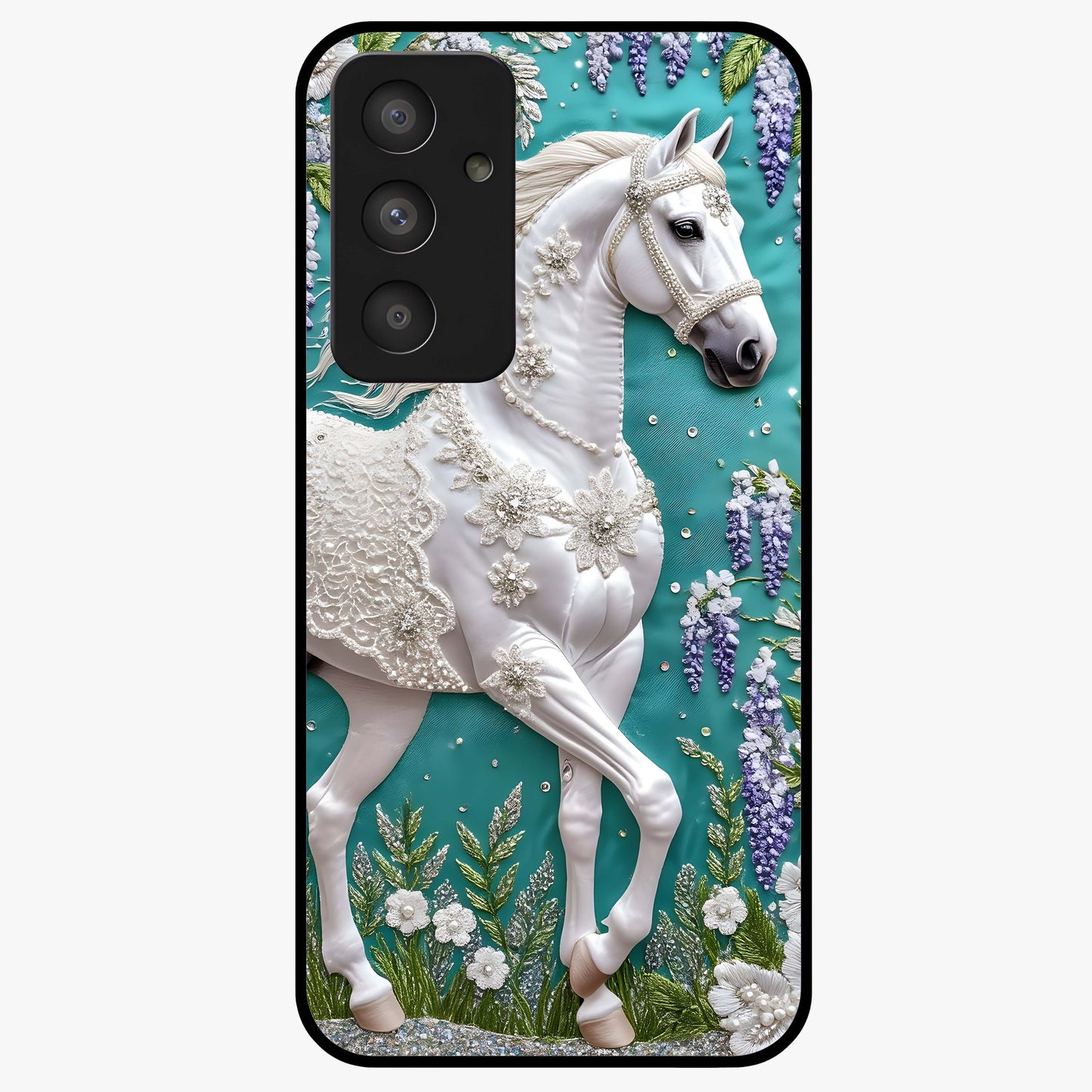 Majestic Floral Stallion Glass Case showing flat back view with powerful horse and floral artwork and glossy glass finish.
