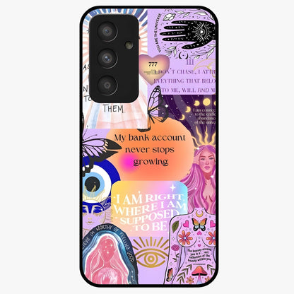 Manifestation Collage Glass Case showing flat back view with motivational collage artwork and glossy glass finish.