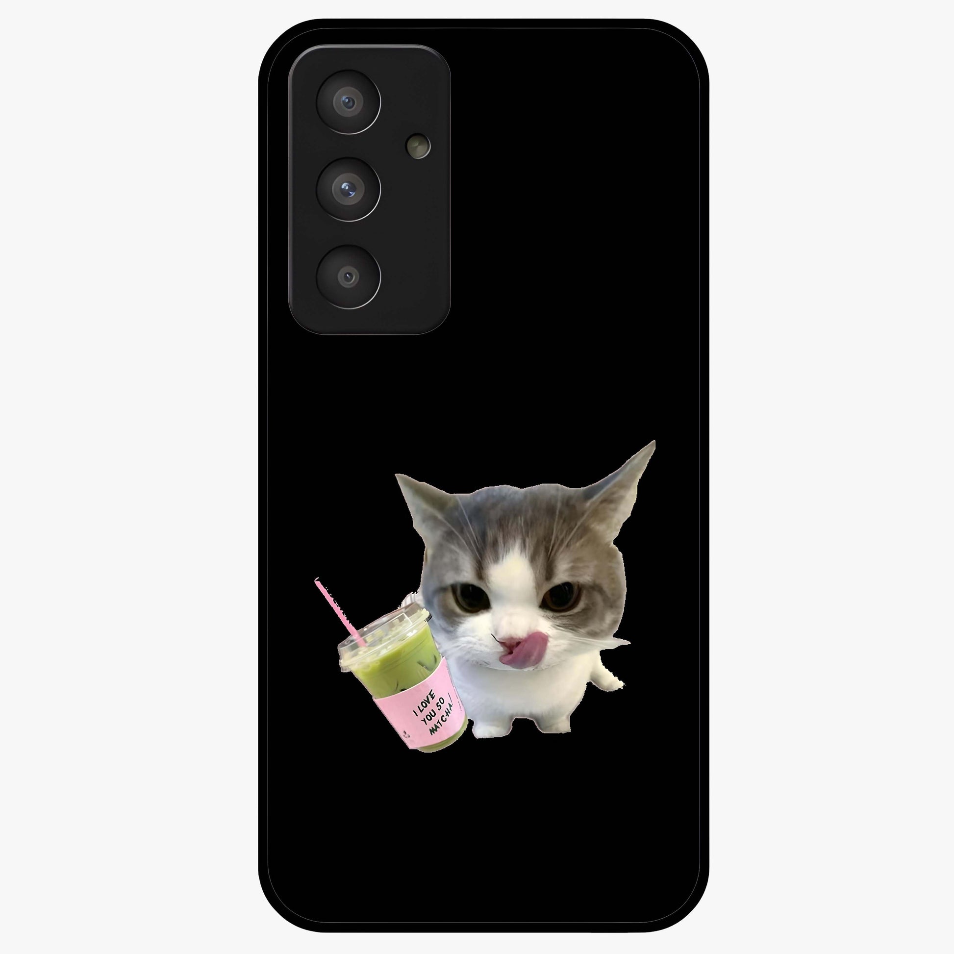 Matcha Cat Style Glass Case showing flat back view with cute matcha themed cat artwork and glossy glass finish.