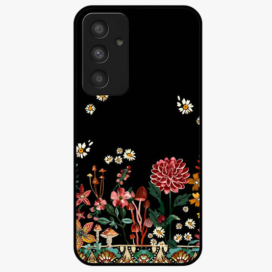 Midnight Bloom Pattern Glass Case showing flat back view with dark floral pattern artwork and glossy glass finish.