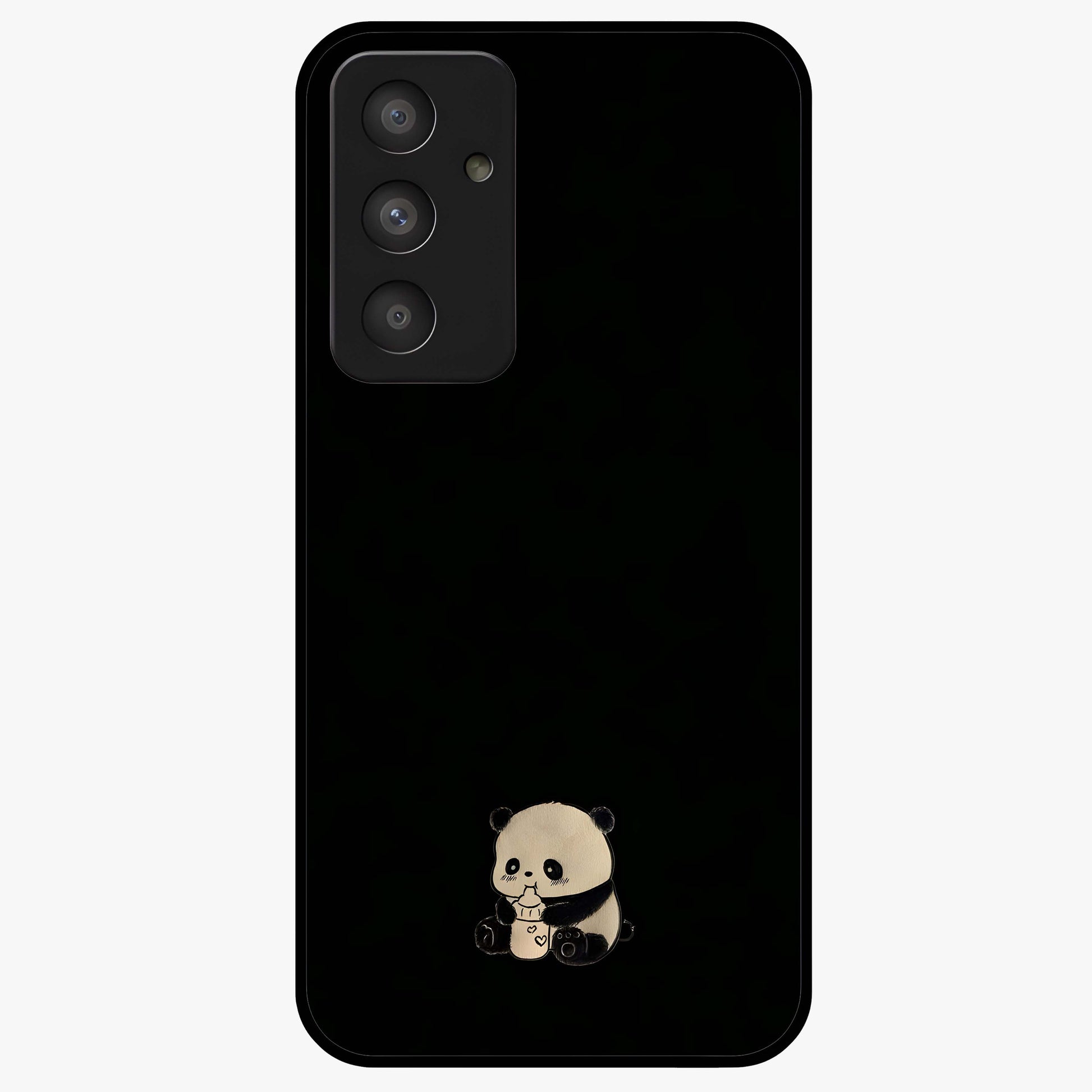 Midnight Panda Love Glass Case showing flat back view with cute panda themed artwork and glossy glass finish.