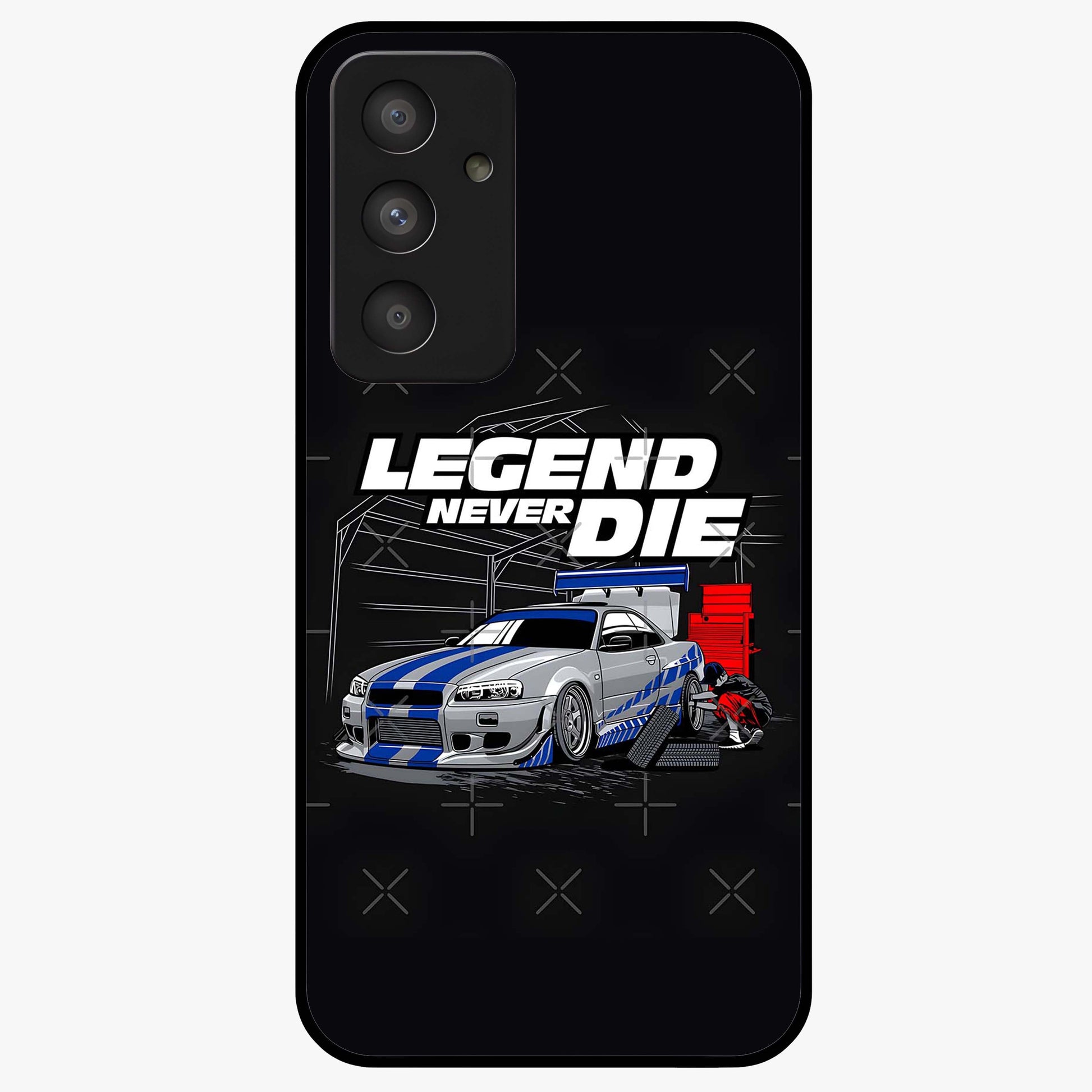 Midnight Racing Legacy Glass Case showing flat back view with sleek racing inspired artwork and glossy glass finish.