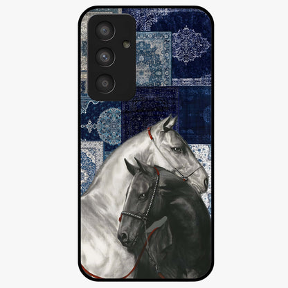 Midnight Stallion Blues Glass Case showing flat back view with majestic horse artwork and glossy glass finish.