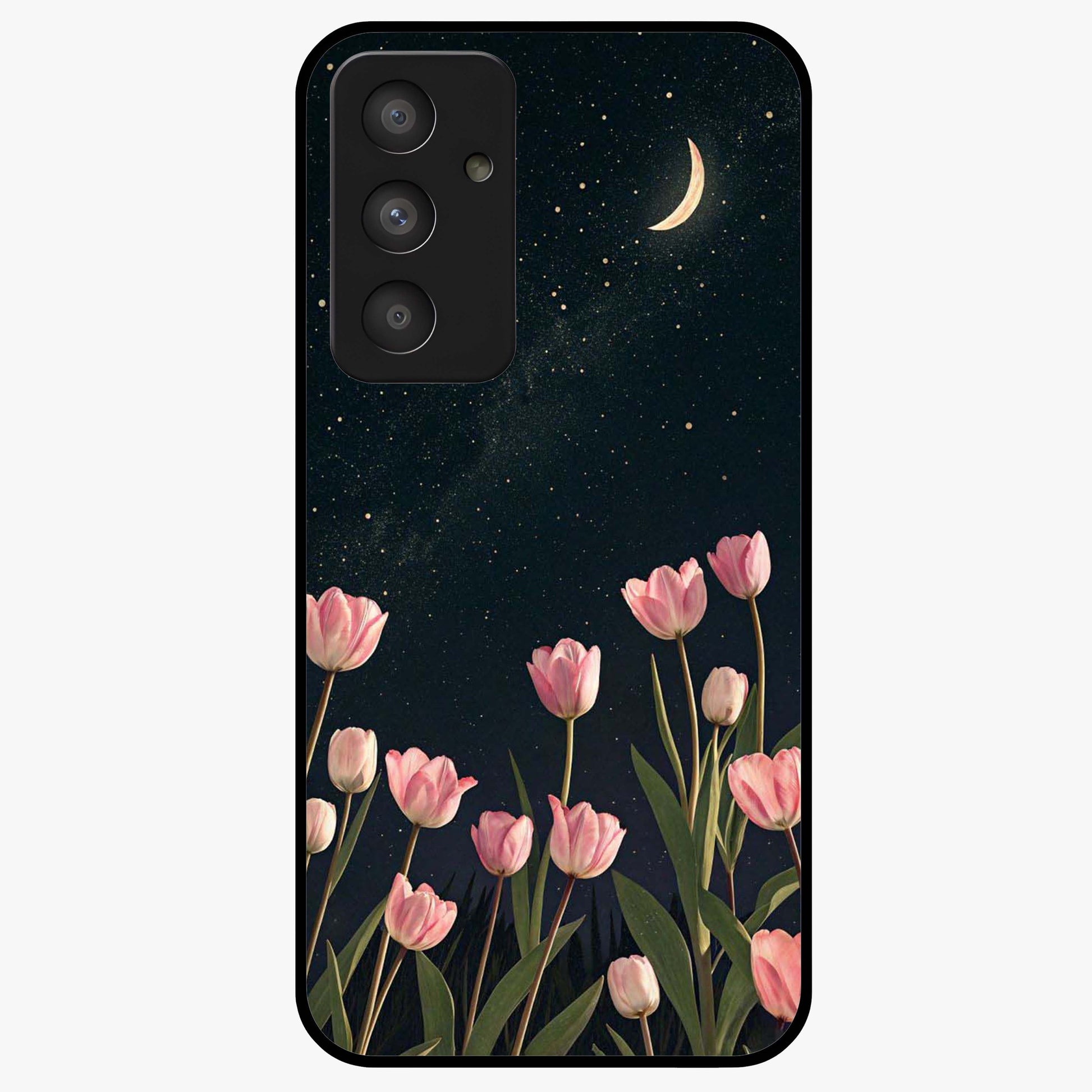 Midnight Tulip Whispers Vibe Glass Case showing flat back view with elegant tulip flower artwork and glossy glass finish.