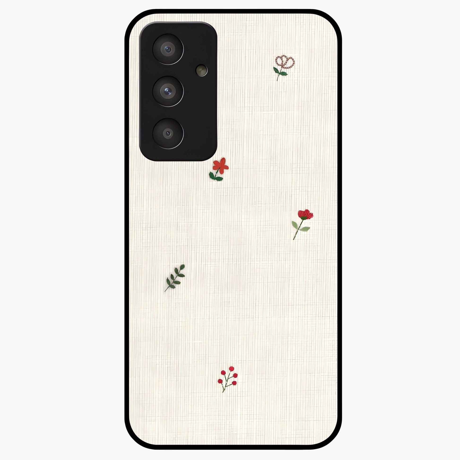 Minimal Petal Whispers Glass Case showing flat back view with soft minimal floral artwork and glossy glass finish.